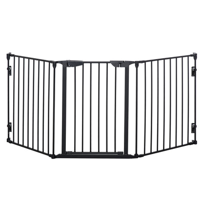 PawHut Pet Safety Gate, 3 Panels Playpen Fireplace, Metal Fence, Stair Barrier, Room Divider w/ Walk-Through Door - Black 