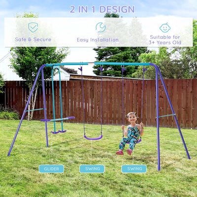Outsunny Height Adjustable Metal Swing Set with Glider, Two Swing Seats and Adjustable Height, Outdoor Heavy Duty A-Frame 