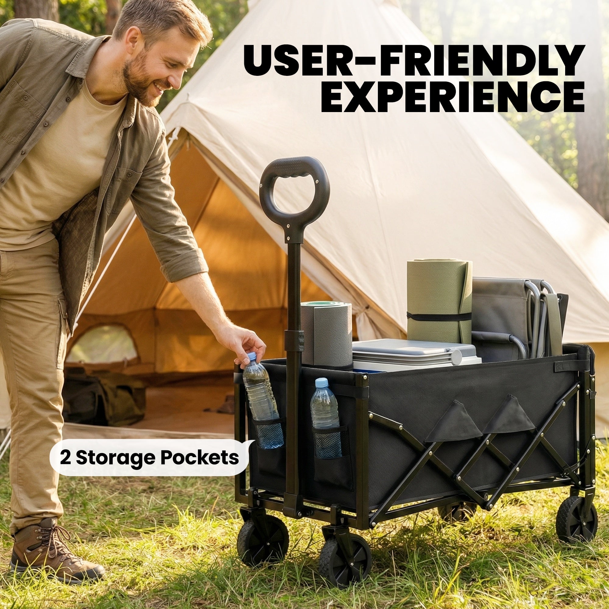 Outsunny 60L Foldable Festival Trolley on Wheels, Collapsible Wagon Cart with Drop-Down Tailgate, Adjustable Handle, Black 