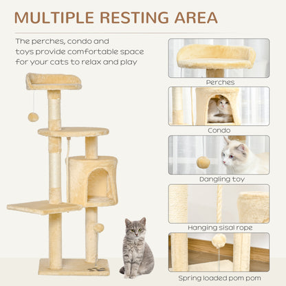 PawHut Cat Tree for Indoor Cats Pet Activity Centre Kitty Condo Climbing Scratching Post with Toys 4-tier 114cm Tall Beige 