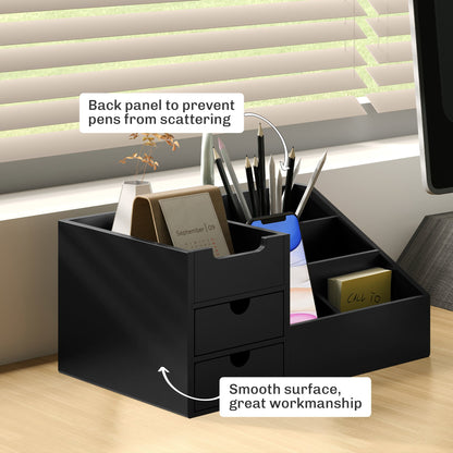 HOMCOM Desk Organiser Holder, Bamboo Multi-Function Storage Caddy with 7 Storage Compartments and 2 Drawers for Home Office Stationary Supplies, Black 