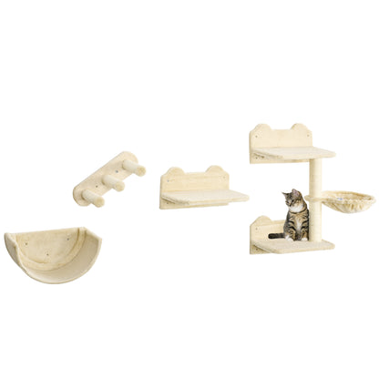 PawHut 4PCs Wall-Mounted Cat Shelves w/ Scratching Post, Hammock, Nest - Beige
