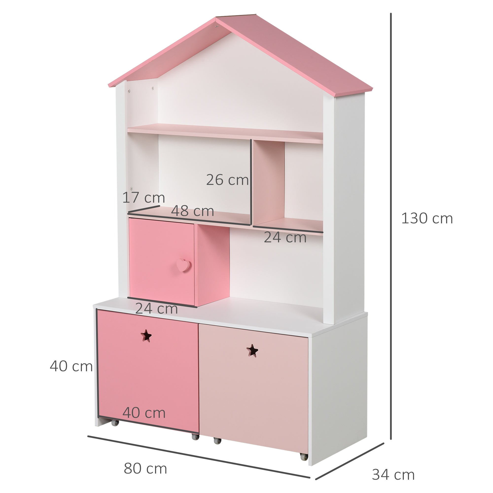 HOMCOM Kids Bookshelf Chest w/ Drawer with Wheels Baby Toy Wood Organizer Display Stand Storage Cabinet 80x34x130cm Pink 