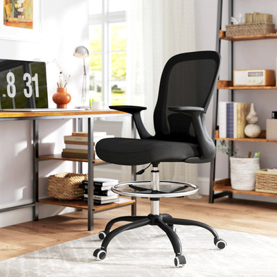HOMCOM Draughtsman Chair, Mesh Drafting Chair, Ergonomic Office Chair with Flip-up Armrest, Adjustable Foot Ring, Black 