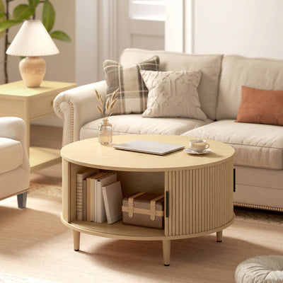HOMCOM Coffee Table with Lift Top and Hidden Storage, Round Centre Table with Fluted Sliding Door, 80 cm, Natural Wood