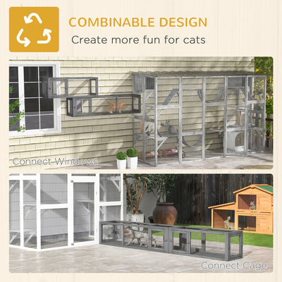 PawHut Cat Tunnel, 250cm Extra Long Wooden Cat Play Tunnel with 8 Doors, L-shape/Rectangle, Outdoor Cat Enclosure, Dark Grey 
