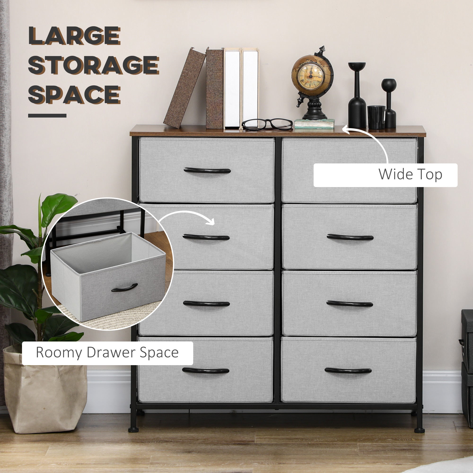HOMCOM Fabric Chest of Drawers, Industrial Storage Bedroom Dresser with 8 Fabric Drawers, Steel Frame and Wooden Top for Nursery, Living Room, Hallway, Grey