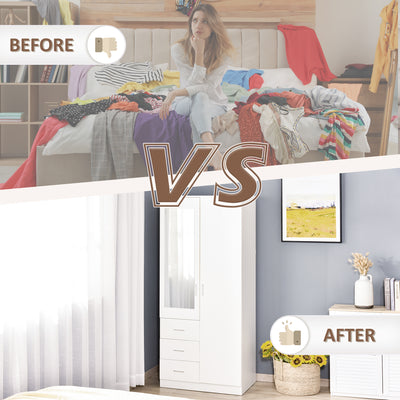 HOMCOM Modern Mirror Wardrobe 2 Door Storage Cupboards Home Storage Organisation Furniture with Adjustable Shelf, Hanging Rail and 3 Drawers, 180cm, White 