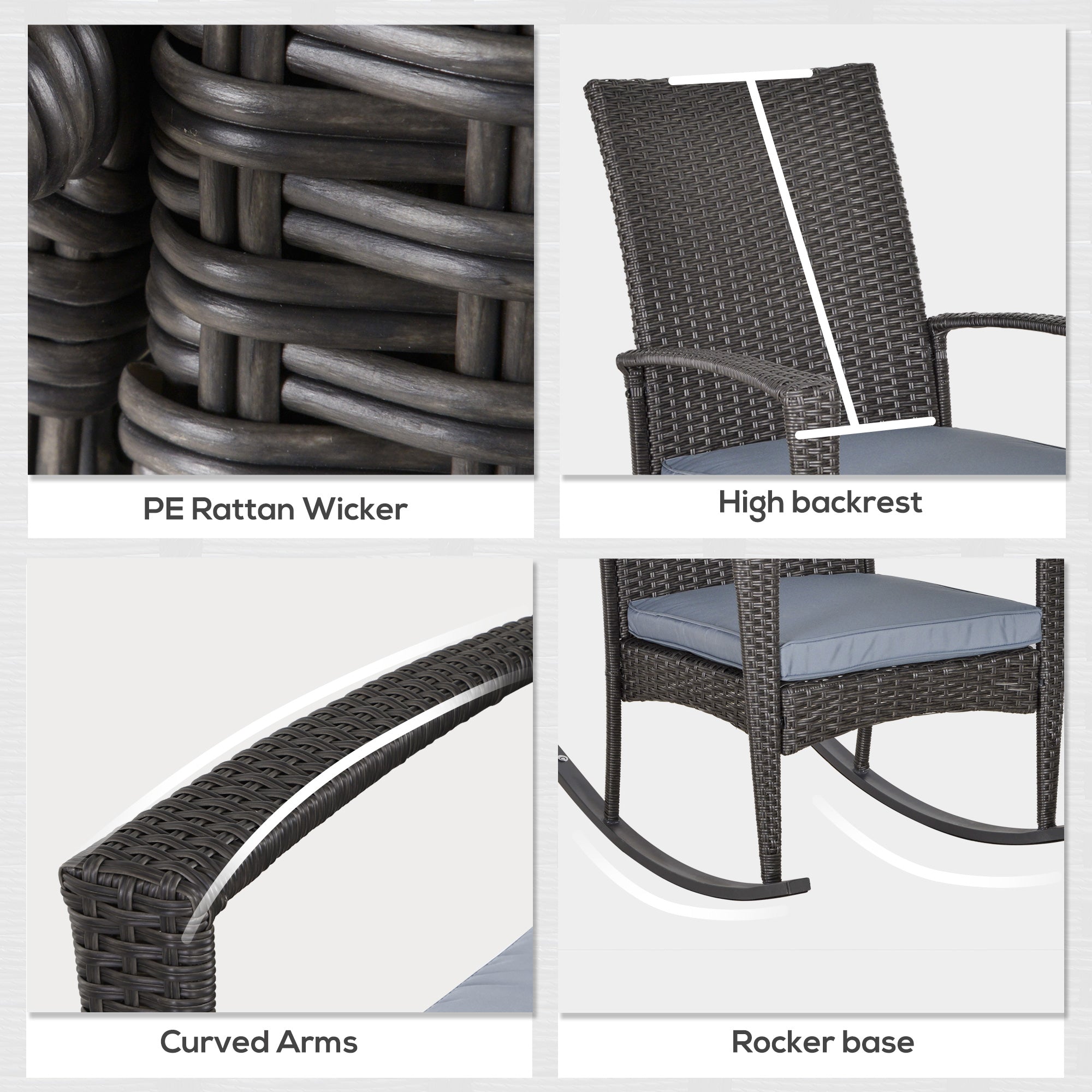 Outsunny Outdoor PE Rattan Rocking Chair, Garden Rocking Chair Set with Armrest and Cushion, Grey 