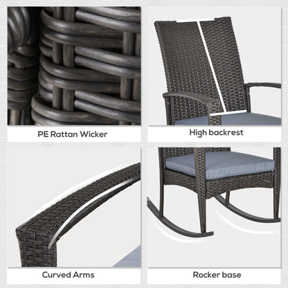 Outsunny Outdoor PE Rattan Rocking Chair, Garden Rocking Chair Set with Armrest and Cushion, Grey 