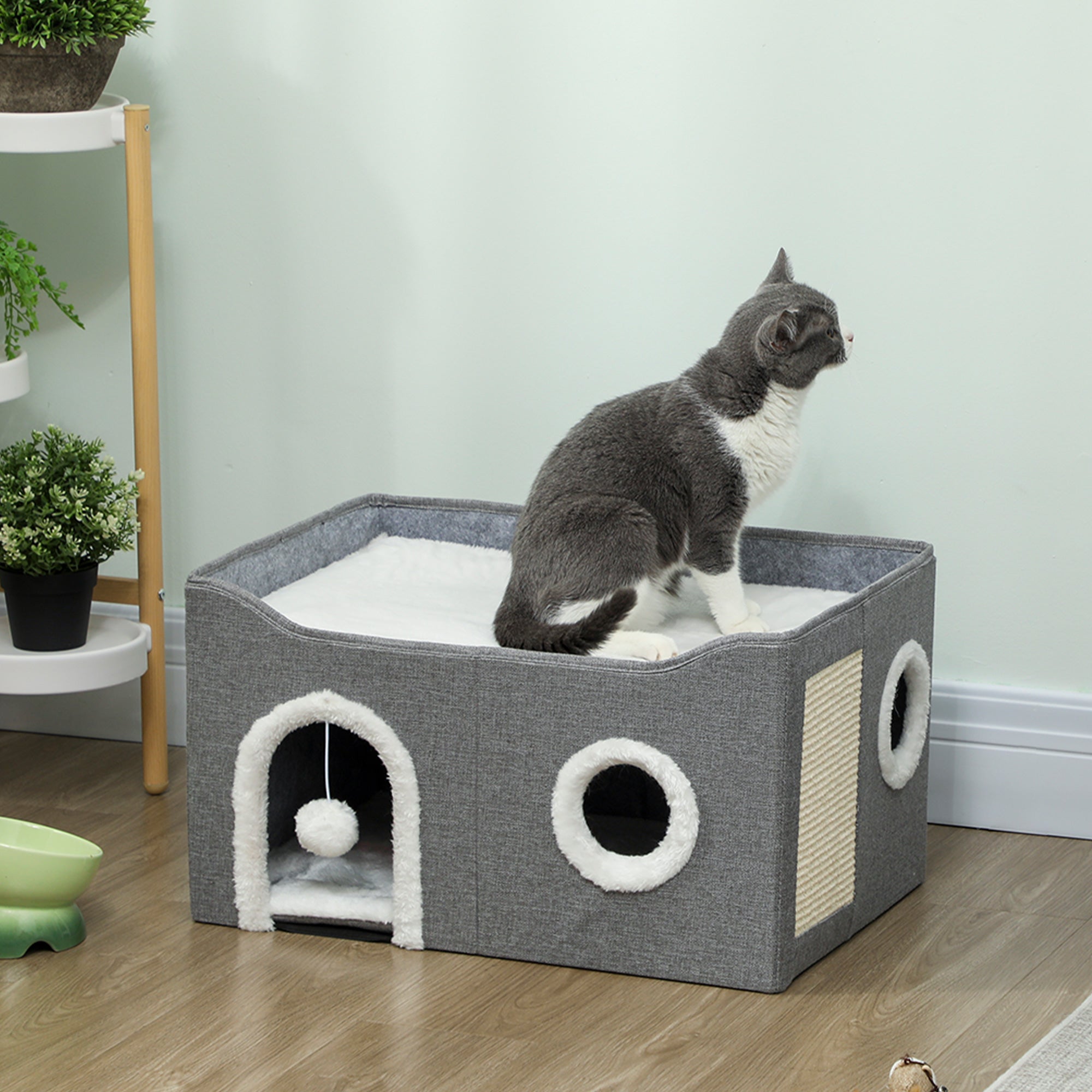 PawHut Cat Bed for Indoor Pets, Foldable Cat House with Fluffy Ball and Scratch Pad for Small and Medium Pets, Grey 