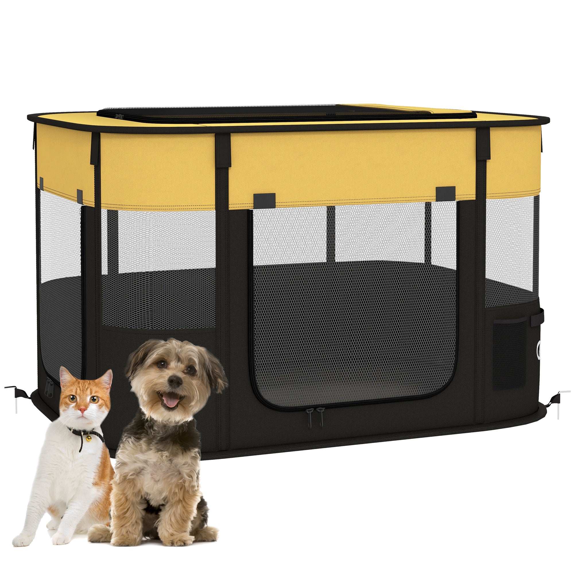 PawHut Foldable Dog Pen with Storage Bag for Indoor/Outdoor Use, Portable Pet playpen, with Ground Stakes - Yellow