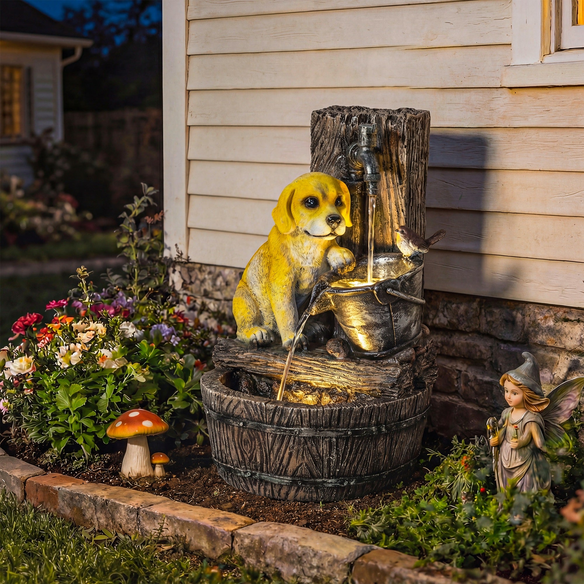Outsunny Garden Water Feature with 3-Tier Rustic Puppy Design, Freestanding Resin with LED Lights, Adjustable Flow, Rustic Brown 