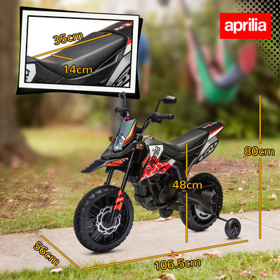 AIYAPLAY 12V Aprilia Licenced Kids Motorbike with Training Wheels, Spring Suspension, LED Light, USB, Music, Red 