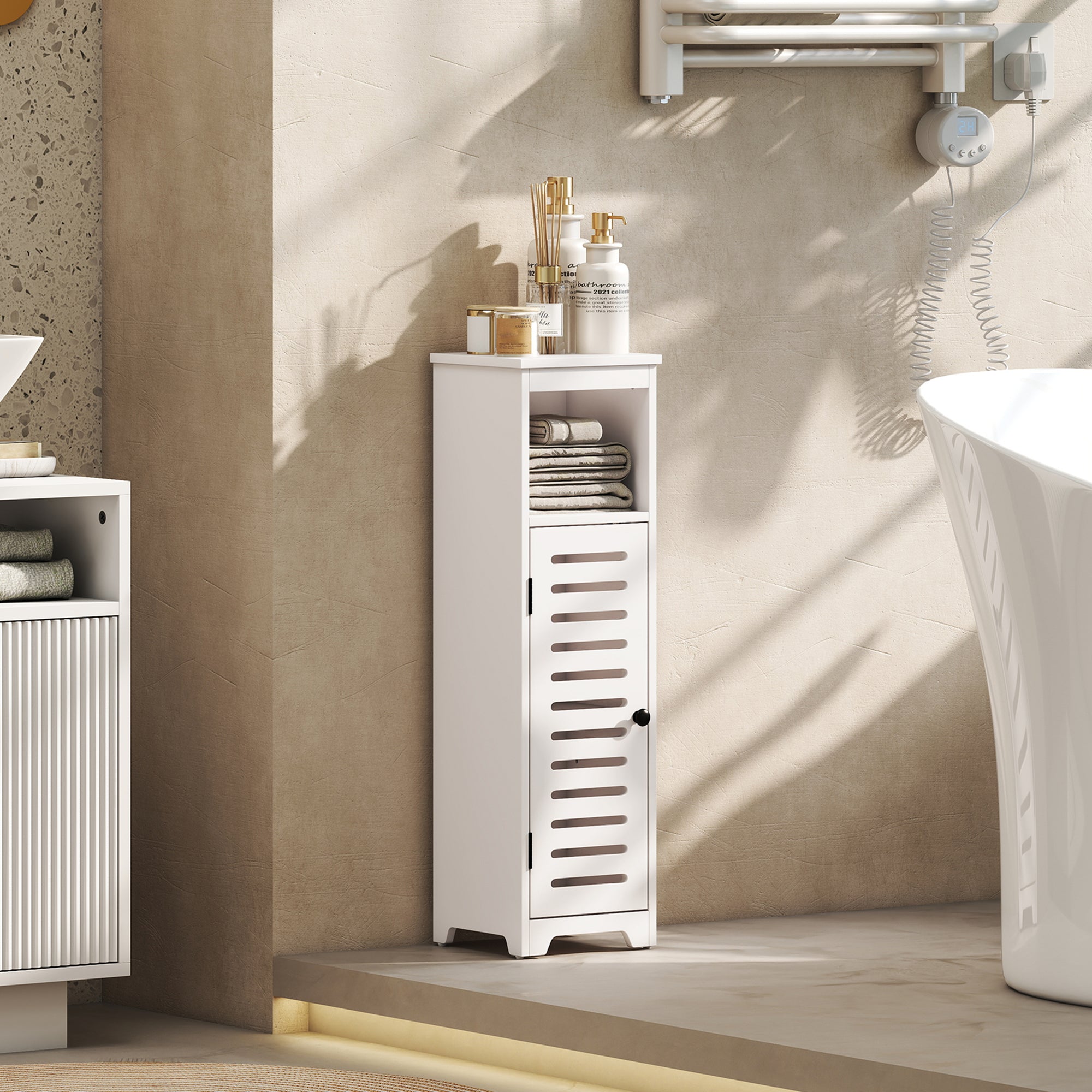 HOMCOM Bathroom Floor Cabinet, Bathroom Storage Unit with Louvered Door, Open Shelf, Adjustable Shelf, White, 22 x 20 x 75 cm 
