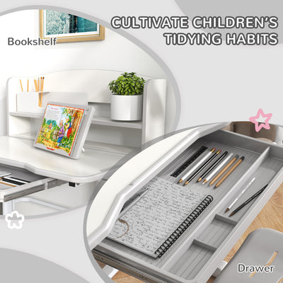 ZONEKIZ Height Adjustable Kids Study Table and Chair Set, with Drawer, Storage Shelf, 80 x 54.5 x 104 cm, Grey 