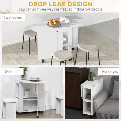 HOMCOM Four-Person Drop Leaf Dining Table, with Wheels - White 