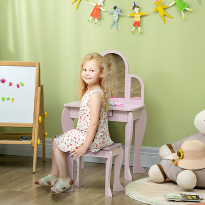 HOMCOM Kids Dressing Table Set, with Mirror and Drawer - Pink 