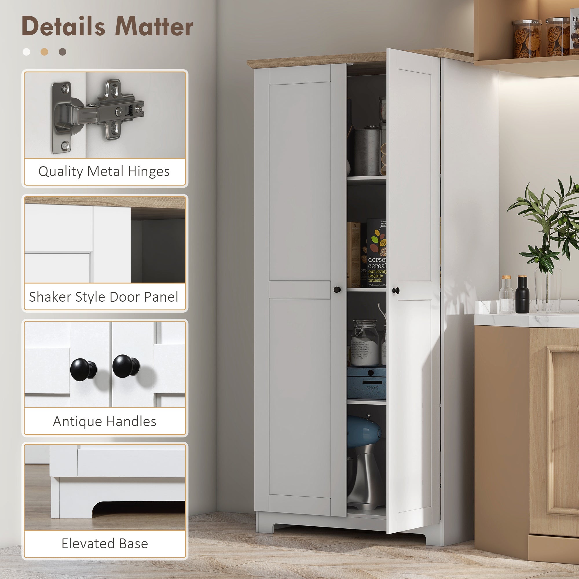 HOMCOM 172cm Kitchen Cupboard, Freestanding Storage Cabinet with Doors and Shelves, Modern 2-Door Kitchen Pantry Cupboard for Dining Room, White 