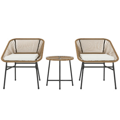 Outsunny 3 Pieces Rattan Bistro Set, Wicker Small Garden Table and Chairs Set with Cushions and Glass Top Coffee Table, Bistro Garden Furniture Set for Outdoor, Patio, Balcony, Natural 