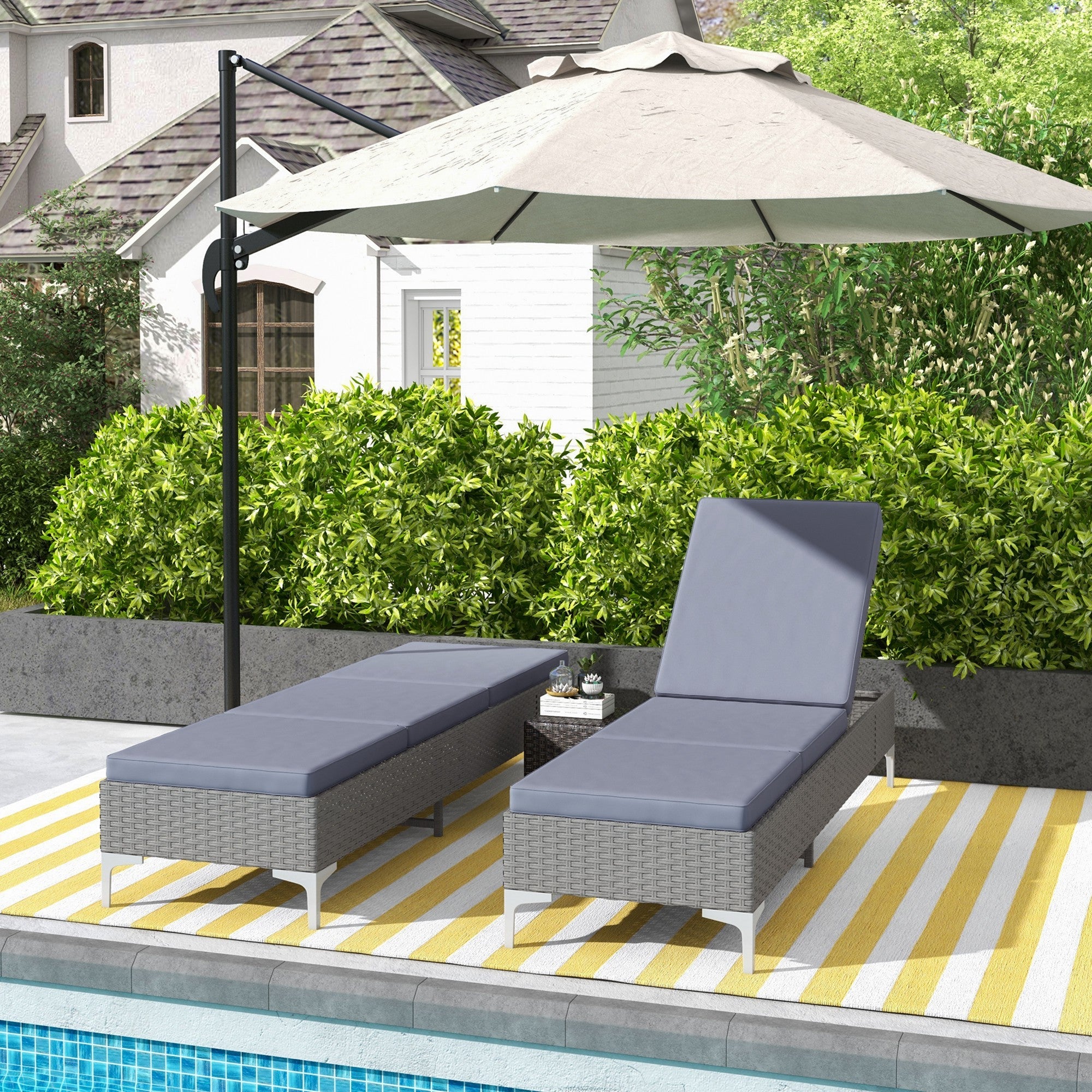 Outsunny Outdoor PE Rattan Sun Lounger Set of 2, Multi-position Backrest Adjustable Single Recliner Sunbed Daybed with Removeable & Washable Cushion, for Patio, Garden, Dark Grey 