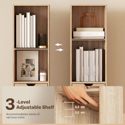 HOMCOM 6-Tier Bookcase, Tall Narrow Bookshelf with Drawer and Door - Natural Wood Finish 