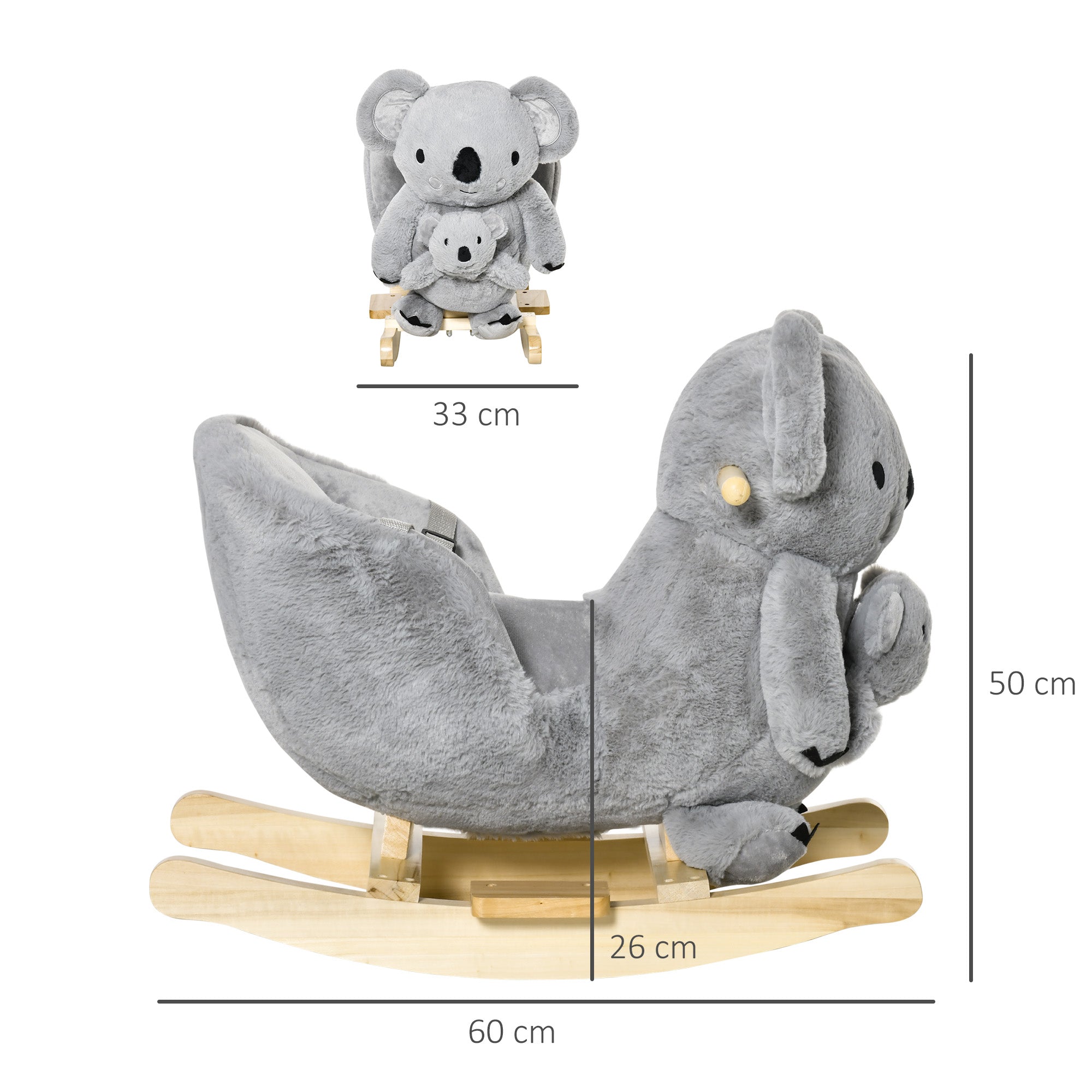 HOMCOM Kids Toddler Rocking Horse Plush Ride On Koala Rocker Wooden Base Seat Safety Belt w/ Gloved Doll Toy for 18-36 Months Grey 