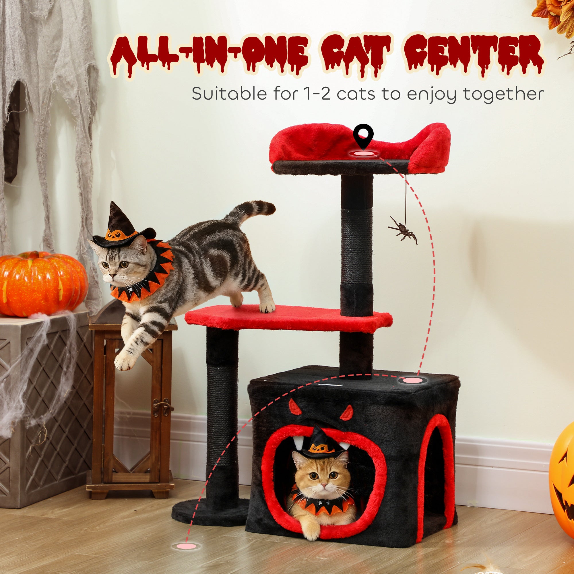 PawHut Cat Tree, Gothic Cat Tower with Scratching Posts, Cute Condo, Coffin Platform, Bed and Spider Toy, Halloween 