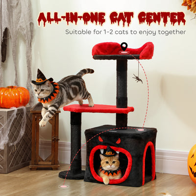 PawHut Cat Tree, Gothic Cat Tower with Scratching Posts, Cute Condo, Coffin Platform, Bed and Spider Toy, Halloween 
