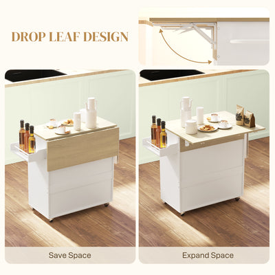 HOMCOM Rolling Kitchen Island with Drop Leaf, Kitchen Storage Cart with Drawer, Spice Rack and Towel Rack, White 