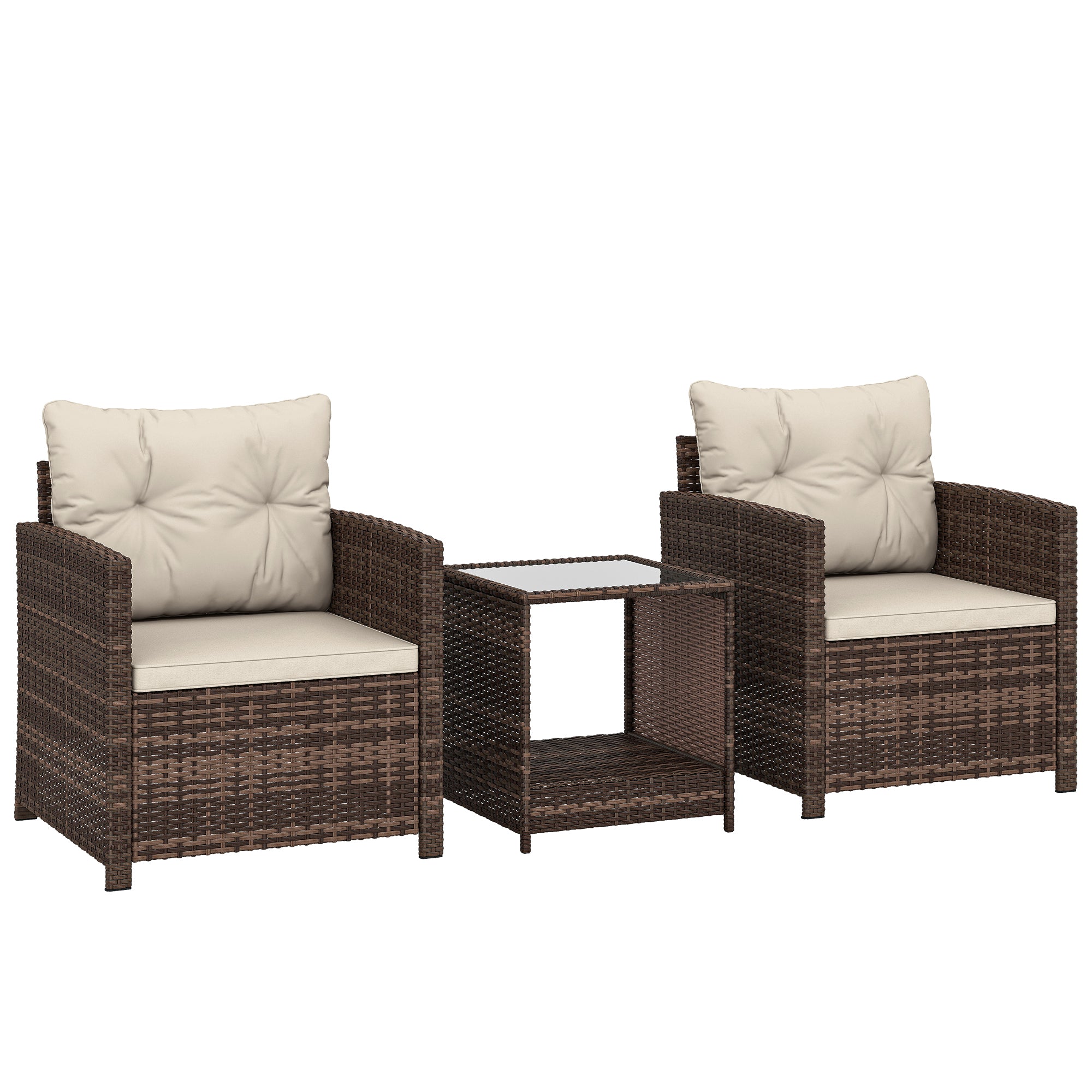 Outsunny Rattan Bistro Set, 3 Piece Garden Furniture Set with 2 Tier Glass Top Table and Cushions, Mixed Brown 