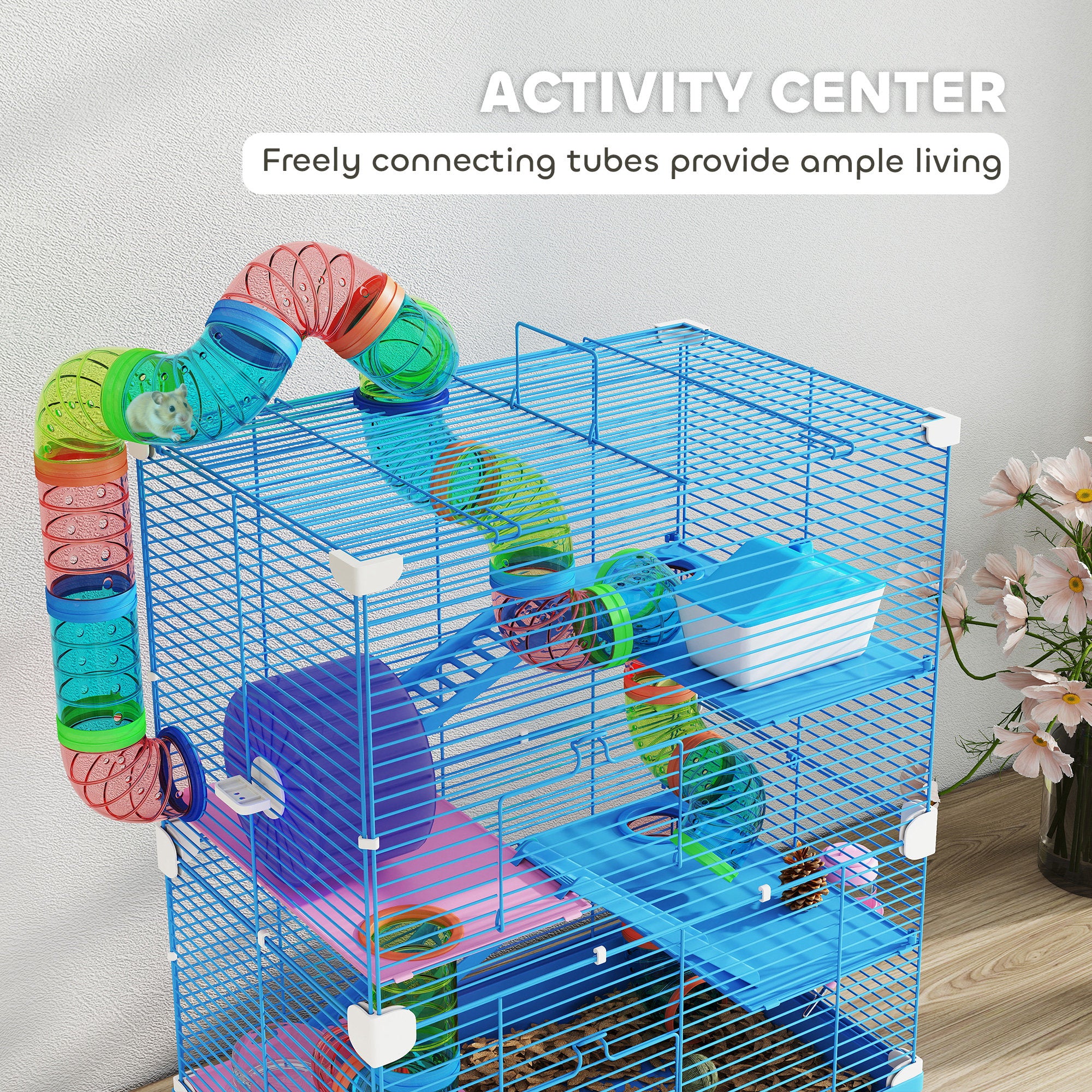 PawHut 5 Tier Hamster Cage Carrier Habitat w/ Exercise Wheels, Tunnel, Blue 