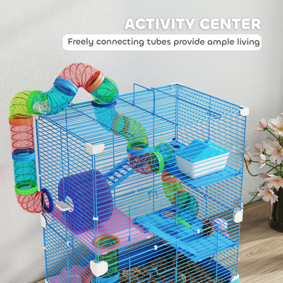 PawHut 5 Tier Hamster Cage Carrier Habitat w/ Exercise Wheels, Tunnel, Blue 
