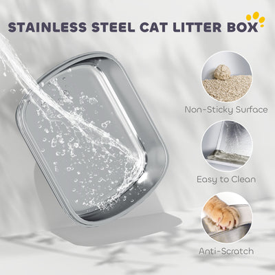 PawHut Stainless Steel Cat Litter Box with Lid, for Cats, Enclosed Cat Litter Box with Flip Cover, Scoop 
