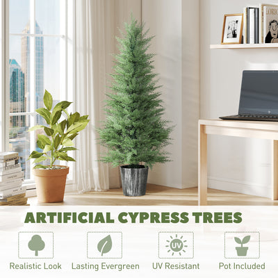 HOMCOM 135cm Artificial Cypress Trees Set of 2, UV Resistant Artificial Plants with Decorative Pot, Fake Plants for Indoor Outdoor Decor, Green 