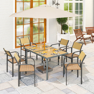 Outsunny Garden Table for 6, Outdoor Dining Table with 5cm Umbrella Hole, Wood Effect Top, Rust Resistant Frame, for Patio, Balcony, Terrace, 150 x 90 cm 
