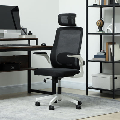 HOMCOM Executive Office Chair, Ergonomic Mesh High Back Desk Chair with Flip-up Armrest, Adjustable Lumbar Support, Rotatable Headrest, Black 