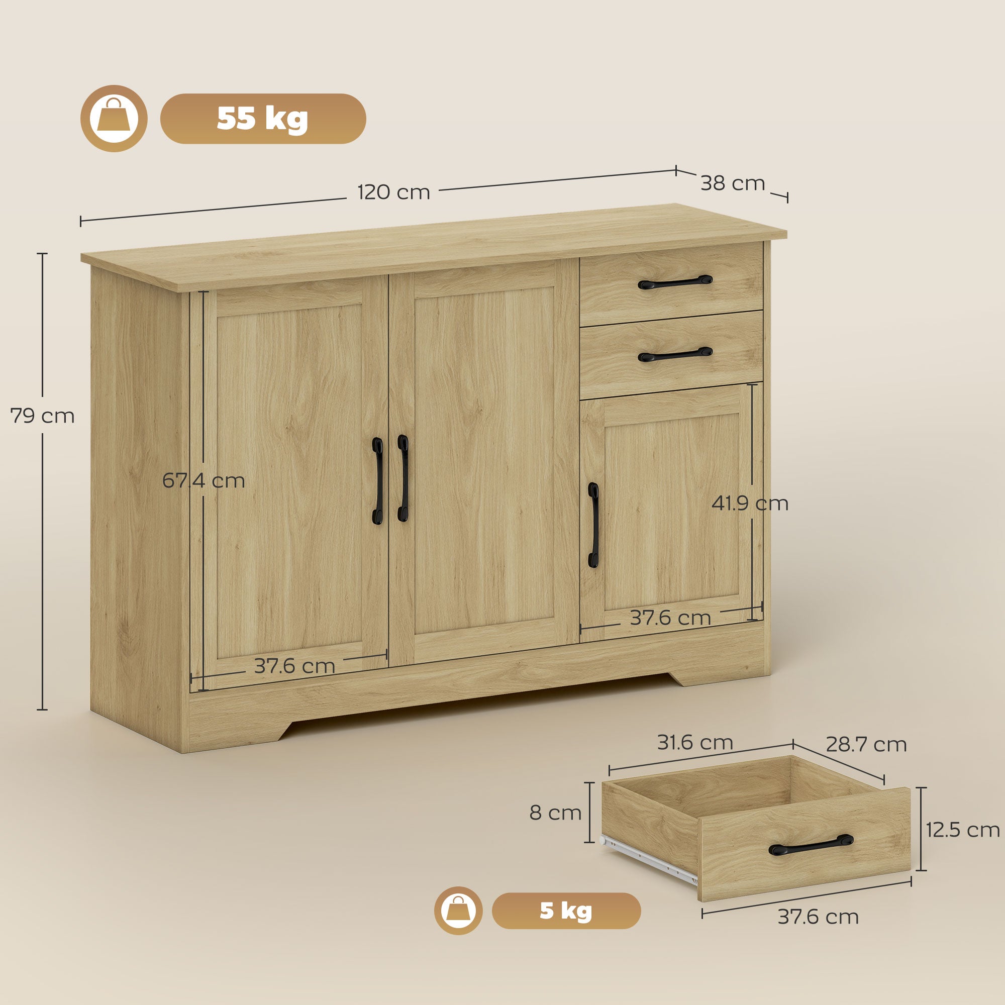 HOMCOM Sideboard with 2 Drawers Modern Storage Cabinet, Kitchen Cupboard with Adjustable Shelf and 3 Doors Natural 