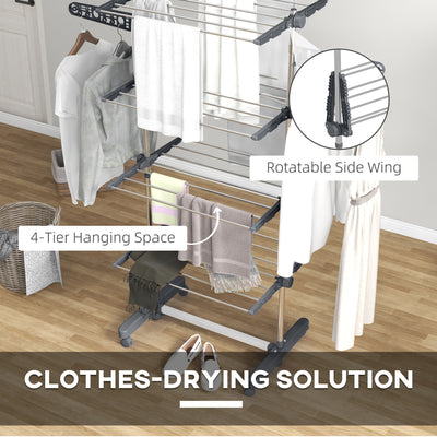 HOMCOM Four-Shelf Collapsing Clothes Horse, With Side Arms and Wheels - Grey 