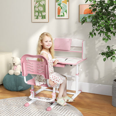 ZONEKIZ Height Adjustable Kids Study Table and Chair Set, with Drawer, Storage Shelf, 80 x 54.5 x 104 cm, Pink 