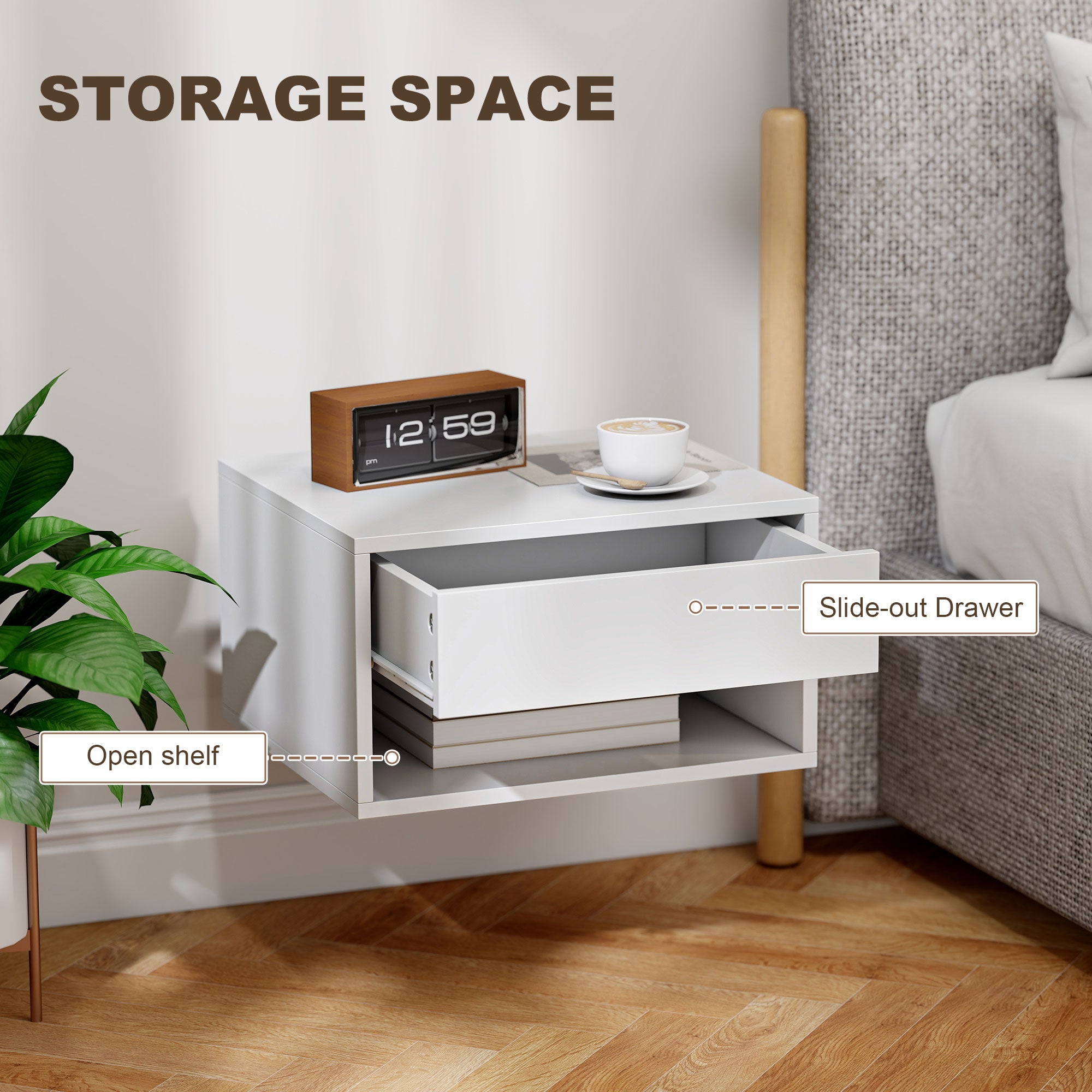 HOMCOM Set of Two Floating Bedside Tables - White 