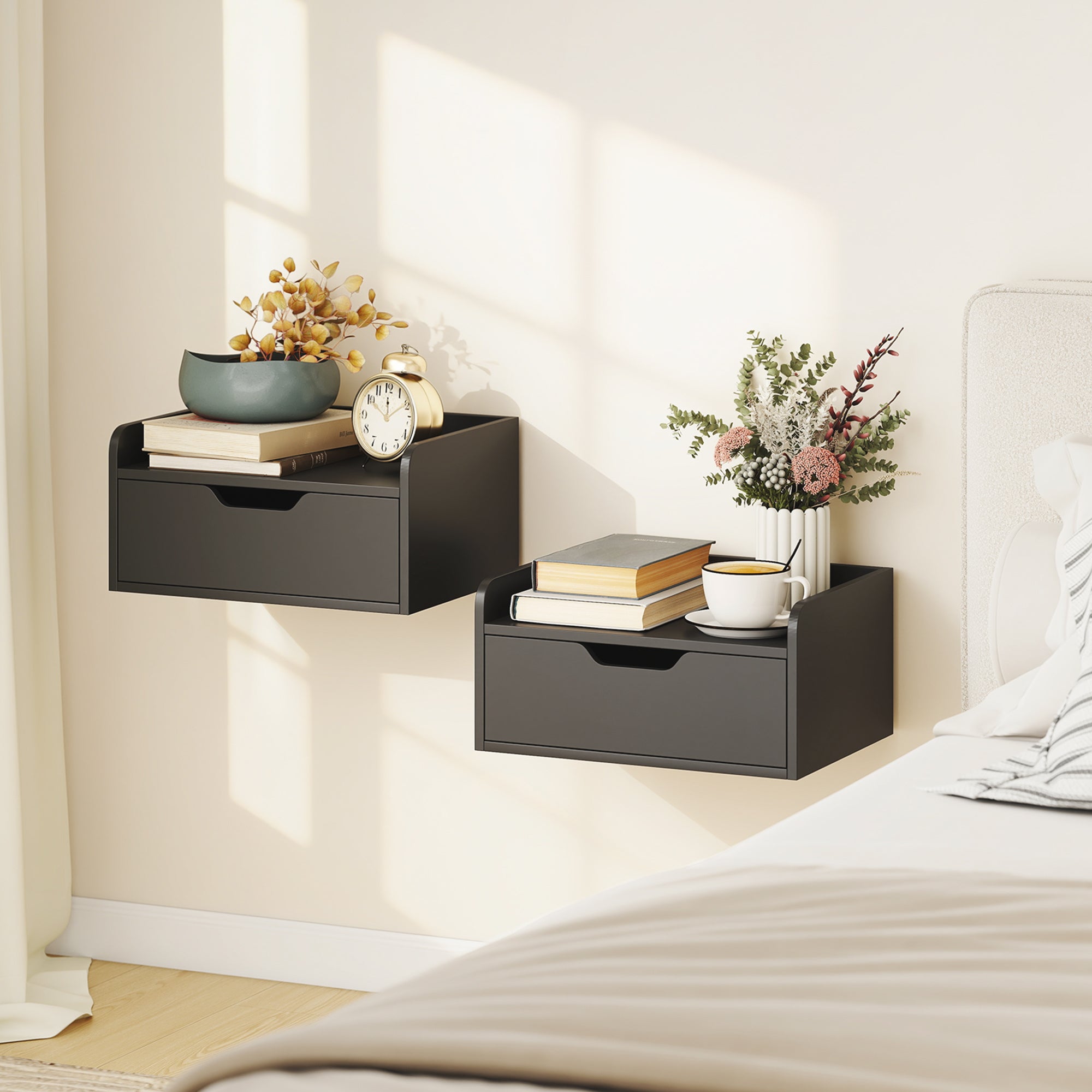 HOMCOM Floating Nightstands Set of 2, Wall Mounted Bedside Table with Drawer for Bedroom, Black 