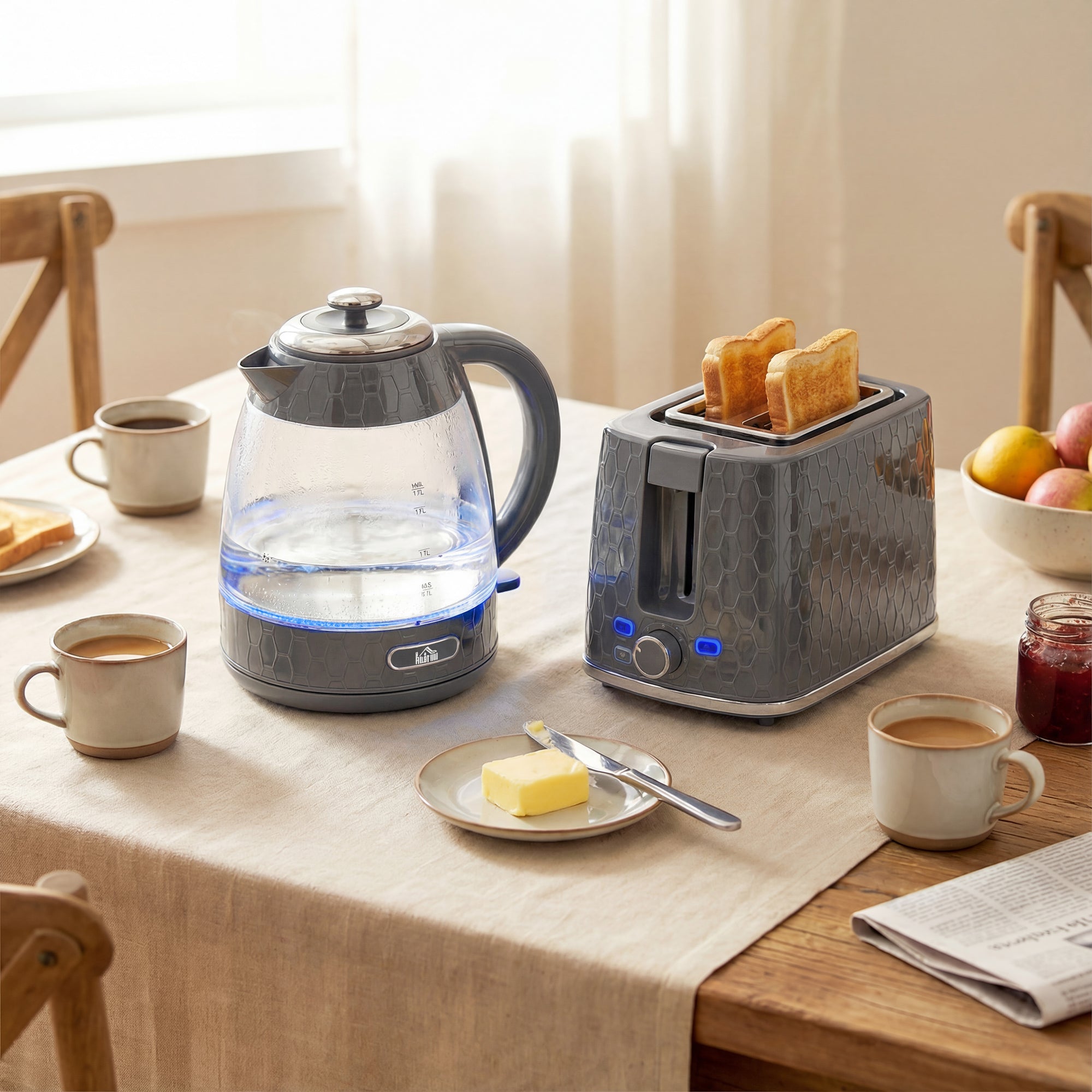 HOMCOM Kettle and Toaster Set, 1.7L 3000W Rapid Kettle with Limescale Filter, 2 Slice Toaster with 7 Browning Controls, Grey 