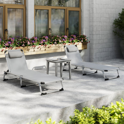 Outsunny Foldable Outdoor Sun Lounger Set of 2, Reclining Lounge Chair Camping Bed Cot with Pillow 4-Level Adjustable Back Aluminium Frame, Light Grey