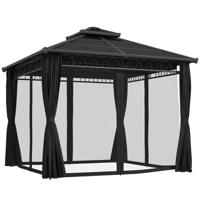 Outsunny 3 x 3 (m) Outdoor Polycarbonate Gazebo, Double\'c2\'a0Roof Hard Top Gazebo with\'c2\'a0Galvanised Steel Frame, Nettings\'c2\'a0&\'c2\'a0Curtains for Garden, Lawn, Patio and Deck, Dark Grey 