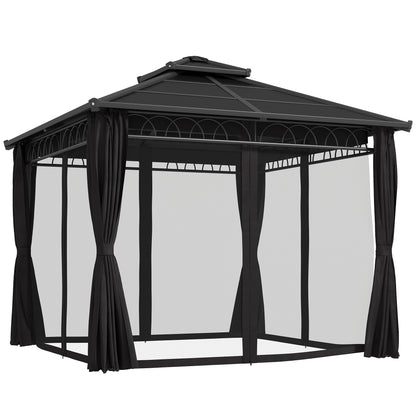 Outsunny 3 x 3 (m) Outdoor Polycarbonate Gazebo, Double\'c2\'a0Roof Hard Top Gazebo with\'c2\'a0Galvanised Steel Frame, Nettings\'c2\'a0&\'c2\'a0Curtains for Garden, Lawn, Patio and Deck, Dark Grey