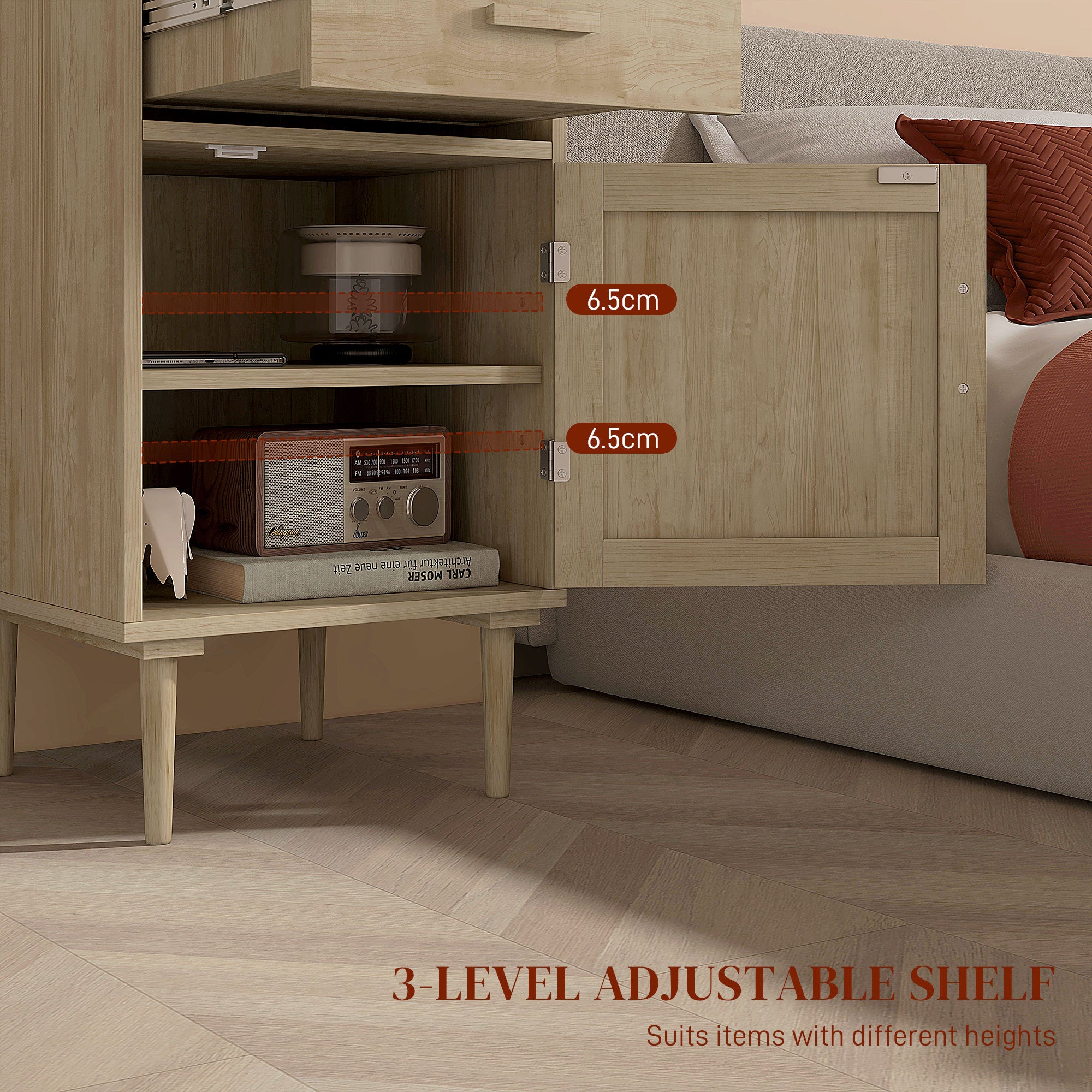 HOMCOM Bedside Tables Set of 2, Rattan Side Tables with Drawer, Cabinet and Adjustable Shelf, Boho Bedside Cabinets with Storage for Bedroom, Living Room, Natural Wood Finish 