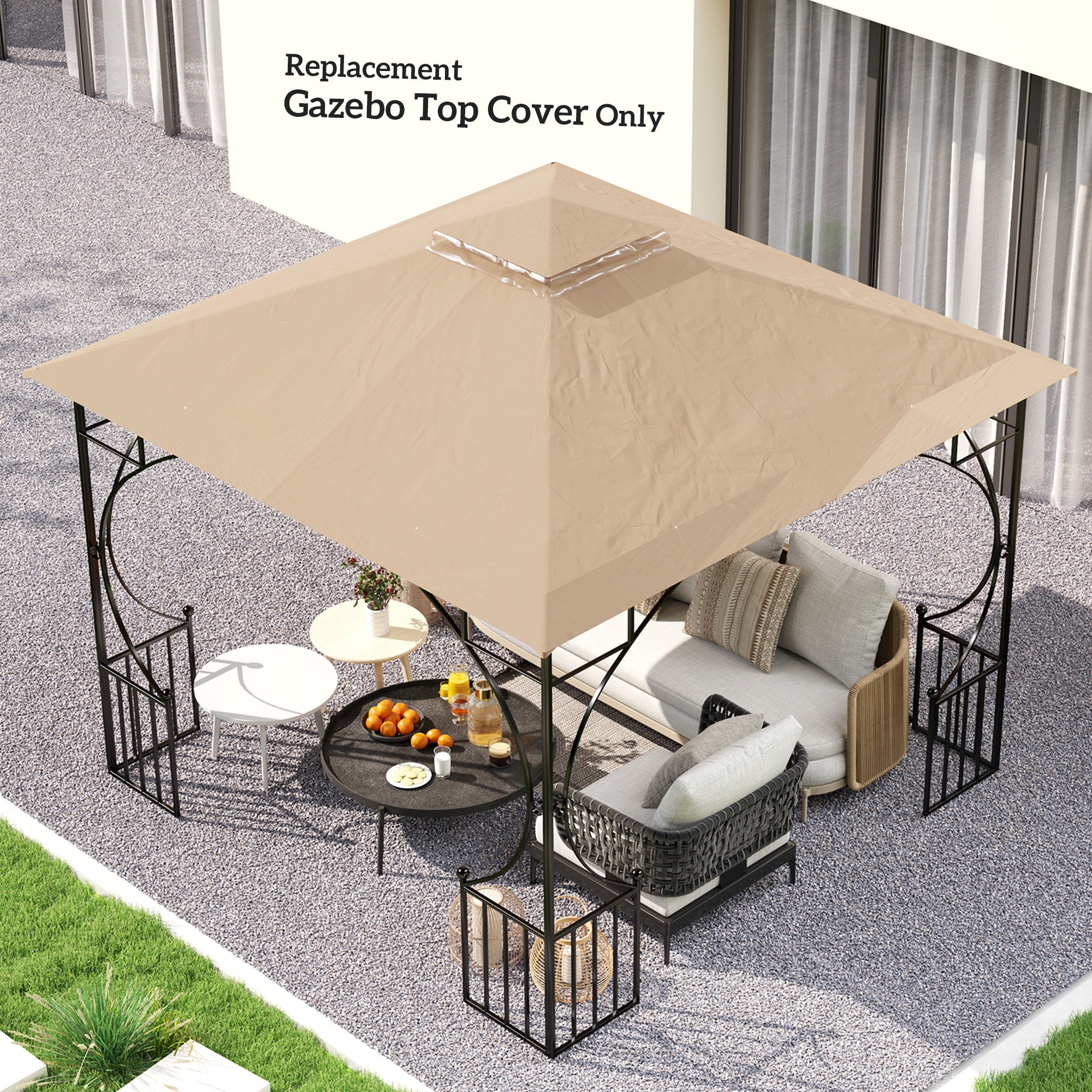 Outsunny 3x3(m) Replacement Gazebo Canopy, Double Tier Roof Top for Garden, Patio, Outdoor, Khaki (TOP ONLY)