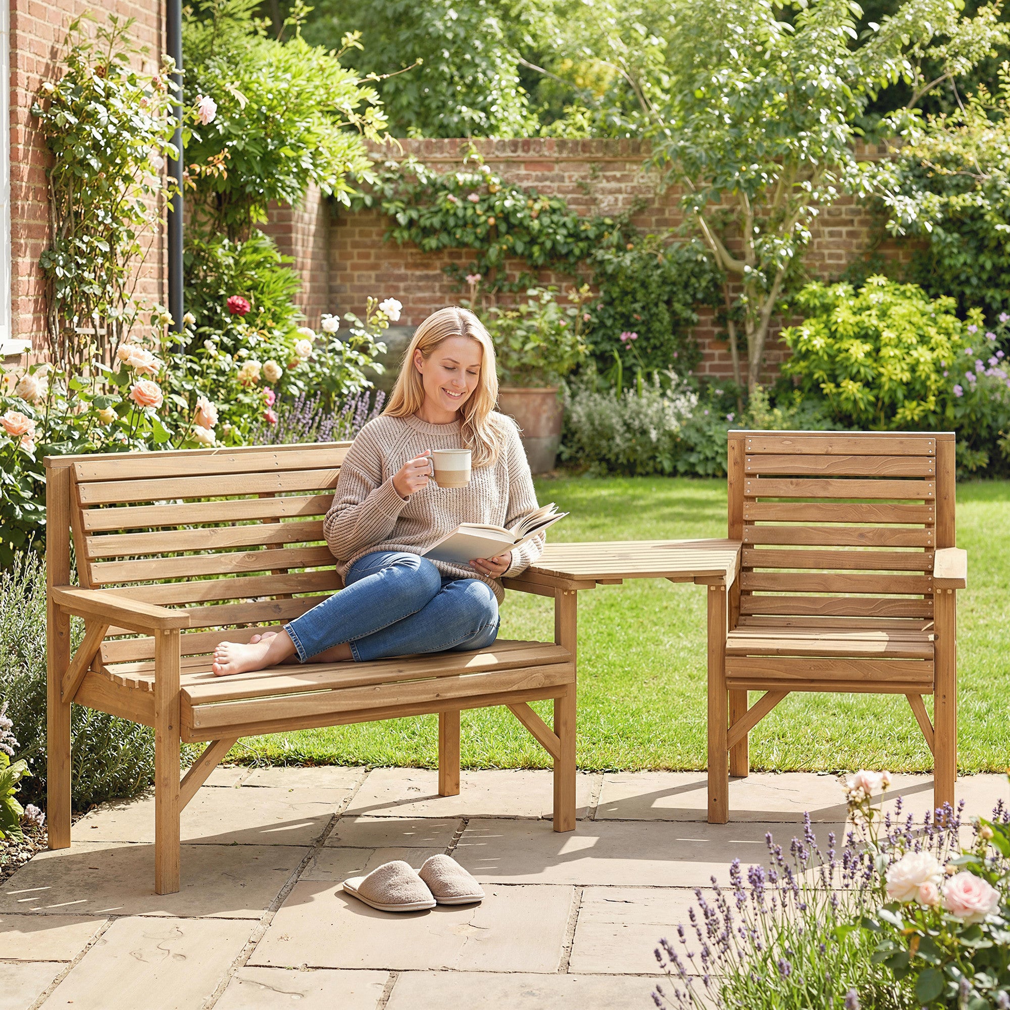 Outsunny Wooden Garden Furniture Set , 1 Chair, 1 Bench and Detachable Table, Natural Wood Finish 