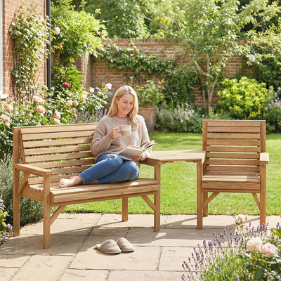 Outsunny Wooden Garden Furniture Set , 1 Chair, 1 Bench and Detachable Table, Natural Wood Finish 